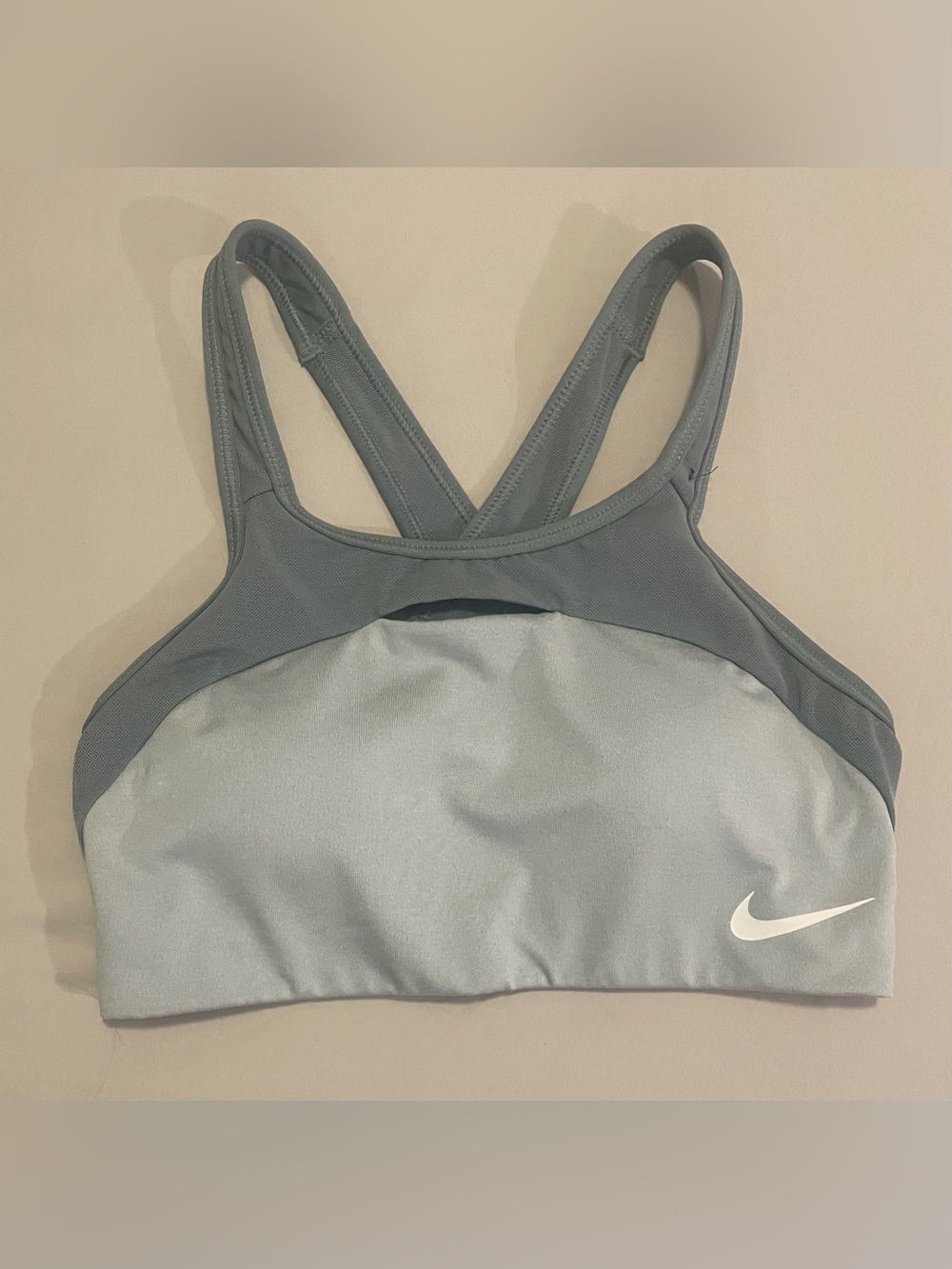Nike Gray Cross-Back Sports Bra with Coral Logo Band